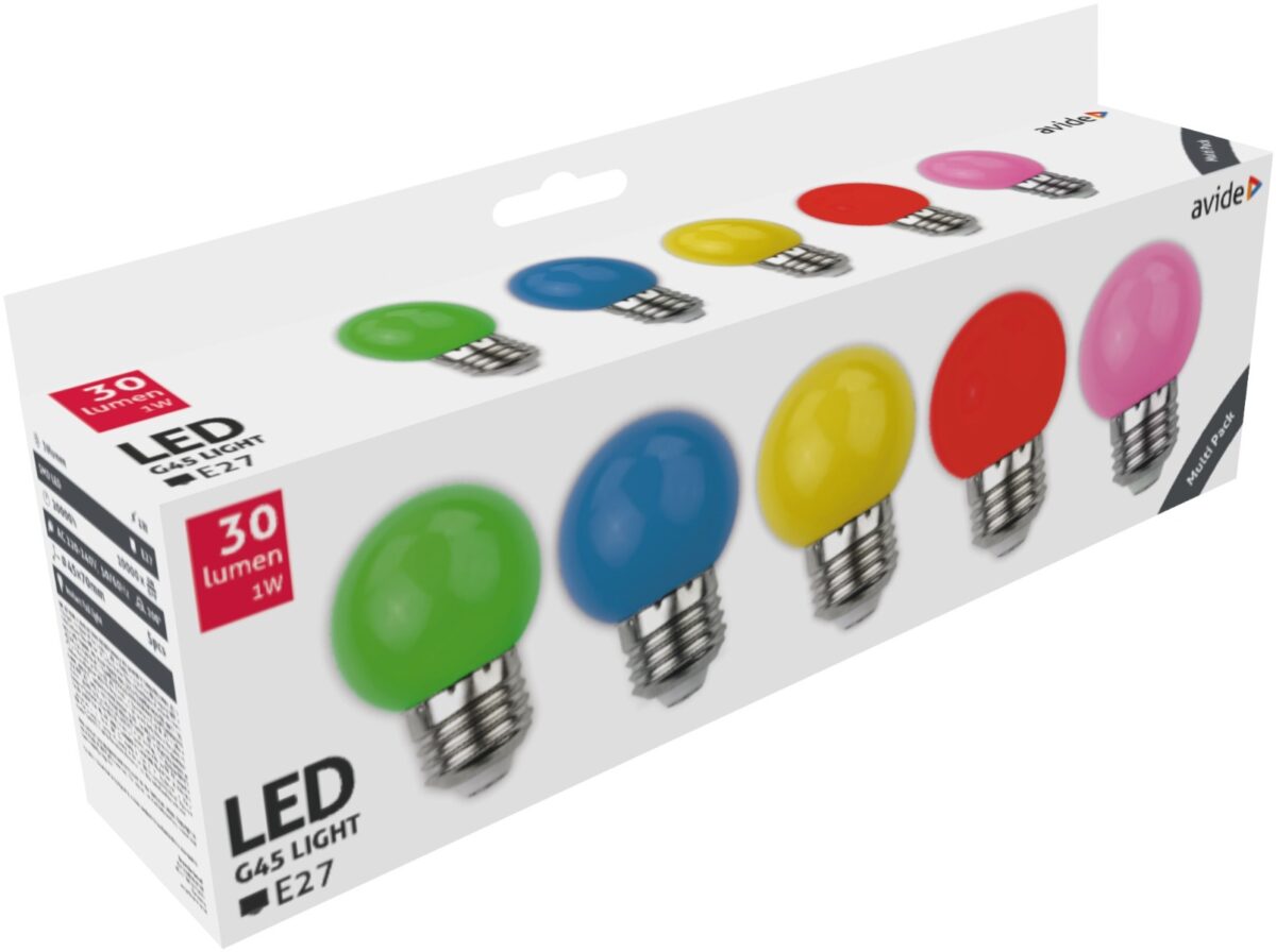 Avide LED Διακοσμητική Λάμπα G45 1W E27 (5τμχ) (Πράσινο/Μπλέ/Κίτρινο/Κόκκινο/Ρόζ) - Image 1