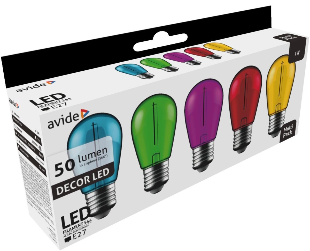 Avide LED Διακοσμητική Λάμπα Filament 1W  E27 (5τμχ) (Πράσινο/Μπλέ/Κίτρινο/Κόκκινο/Μώβ) - Image 1