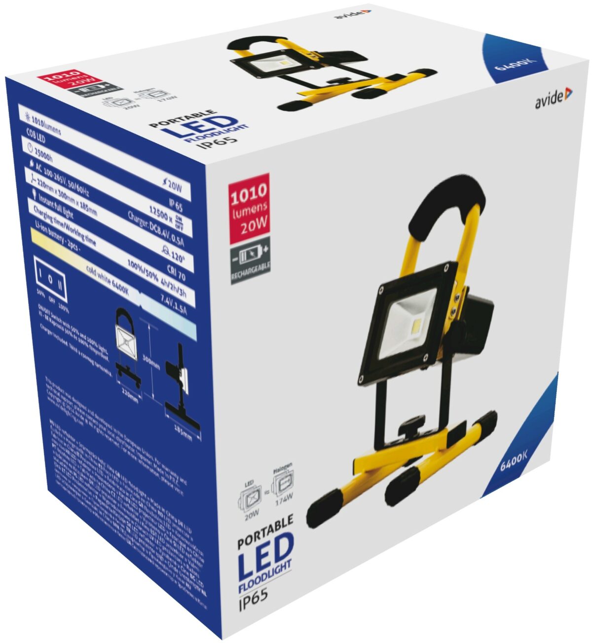 Avide LED Προβολέας Επαναφορτιζόμενος 20W Ψυχρό 6400K - Image 1