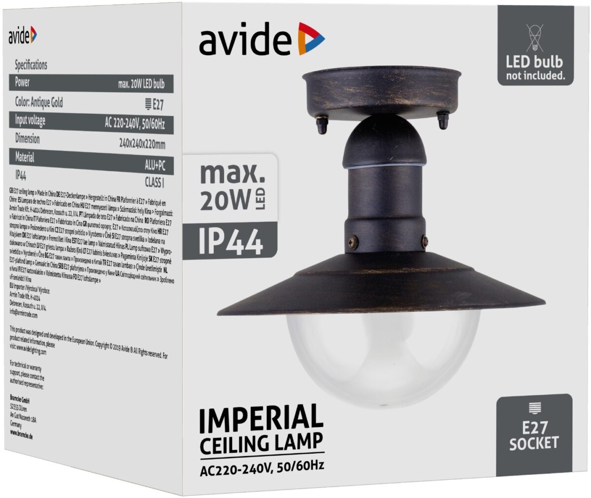 Avide Εξωτερικό Φωτιστικό Οροφής Imperial 1xE27 IP44 Σκούρο Χρυσό - Image 2