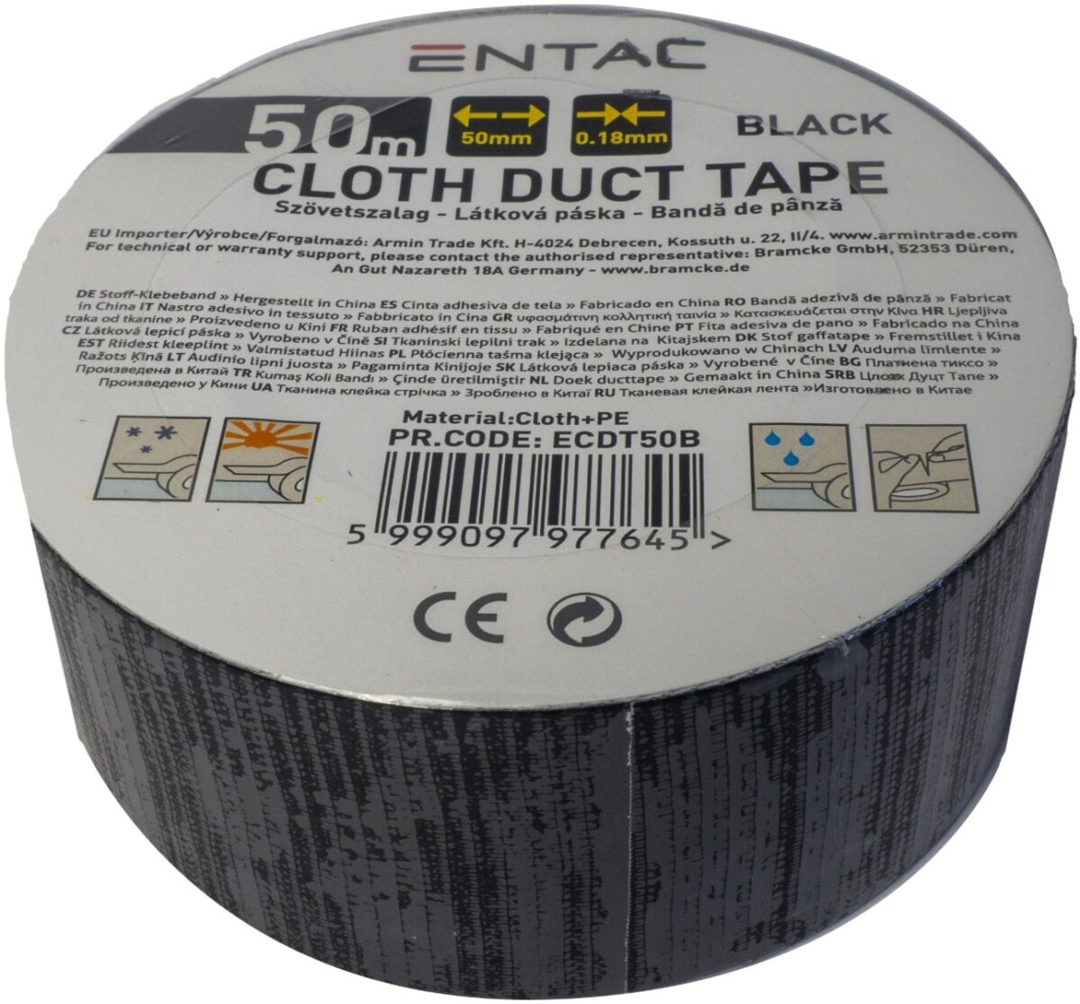 Entac Ταινία Αυτοκόλλητη Υφασμάτινη 0.18x50mm Μαύρο 50m - Image 1