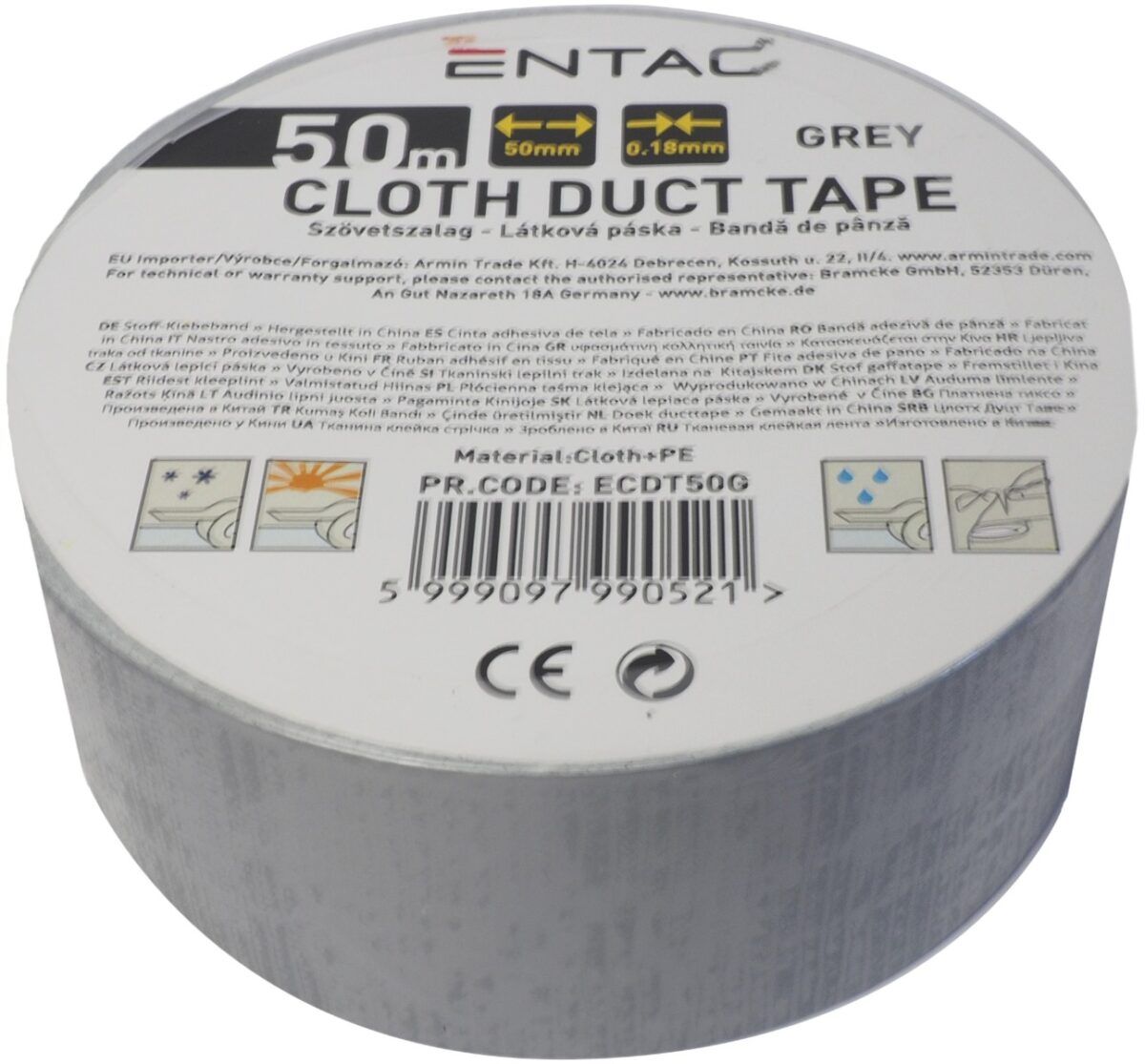 Entac Ταινία Αυτοκόλλητη Υφασμάτινη 0.18x50mm Γκρί 50m - Image 1