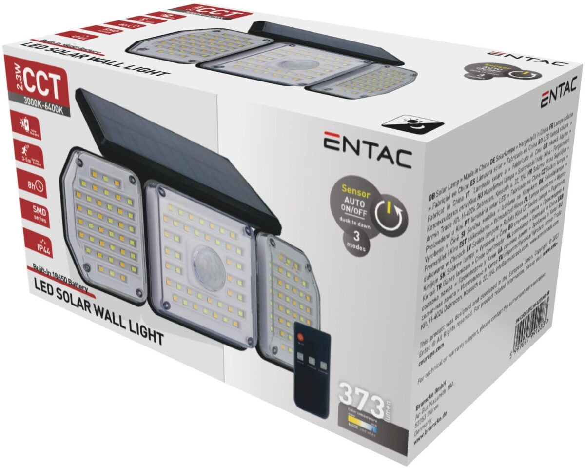 Entac Ηλιακός Προβολέας Τοίχου 2.3W SMD 3 Κεφαλές Φωτοκύτταρο + Τηλεχειριστήριο - Image 2