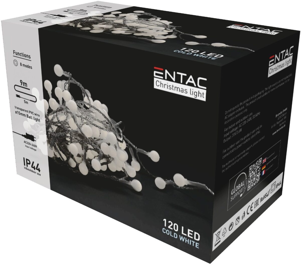 Entac Χριστουγεννιάτικα Λαμπάκια IP44 120 LED 15mm Μπάλες Ψυχρό 9m - Image 2