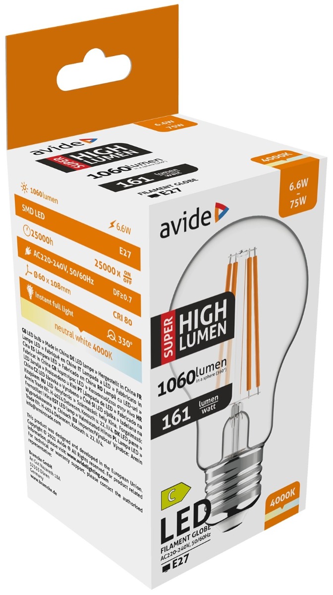 ablfg27nw-66w-shl_avide-led-filament-globe-66w-e27-a60-nw-4000k-super-high-lumen Avide LED Filament Κοινή 6.6W E27 A60 Λευκό 4000K Super Υψηλής Φωτεινότητας - Image 1