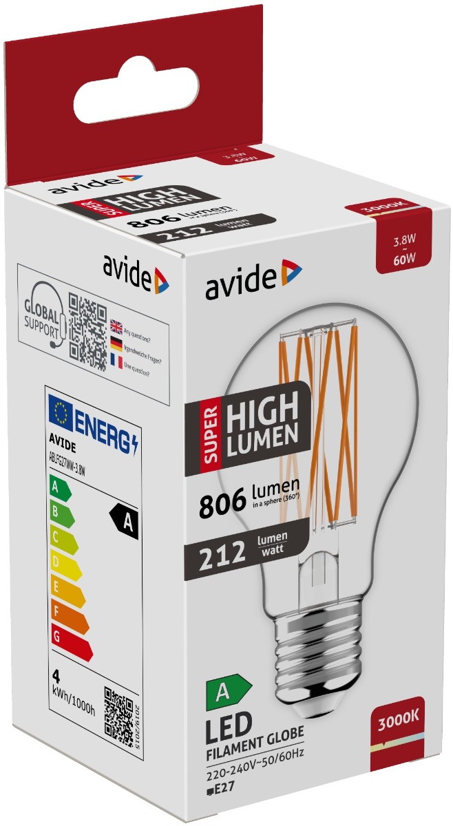 ablfg27ww-38w_avide-led-filament-globe-38w-e27-ww-3000k-super-high-lumen Avide LED Filament Κοινή 3.8W E27 Θερμό 3000K Super Υψηλής Φωτεινότητας - Image 1