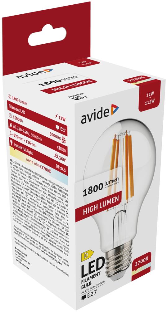 ablfg27ww-hl-12w Avide LED Filament Κοινή 12W E27 A65 360° Θερμό 2700K Υψηλής Φωτεινότητας - Image 1