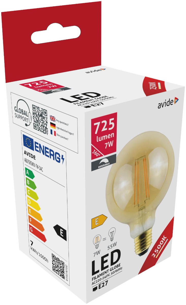 ablfg95ww-7w-dac_avide-led-filament-globe-g95-7w-dimm-borostyan-e27-360_-ww-2500k Avide LED Filament Κοινή G95 7W E27 360° Θερμό 2500K Ντιμαριζόμενο/Κεχριμπάρι - Image 1
