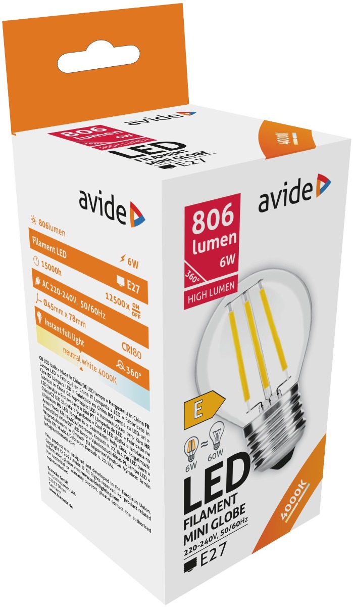 ablfmg27nw-hl-6w_avide-led-filament-mini-globe-6w-e27-360_-nw-4000k-high-lumen Avide LED Filament Σφαιρική 6W E27 360° Λευκό 4000K Υψηλής Φωτεινότητας - Image 1