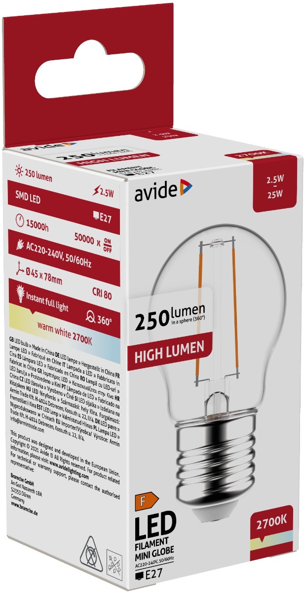 ablfmg27ww-25w_avide-led-filament-mini-globe-25w-e27-ww-2700k Avide LED Filament Στρογγυλή 2.5W E27 Θερμό 2700K - Image 1