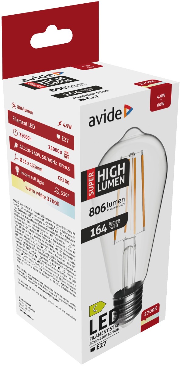 ablfst58ww-49w-shl_avide-led-filament-st58-49w-e27-ww-2700k-super-high-lumen Avide LED Filament ST58 4.9W E27 Θερμό 2700K Super Υψηλής Φωτεινότητας - Image 1