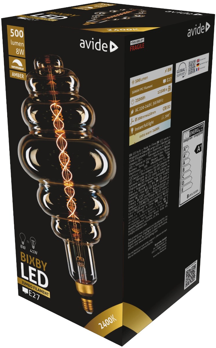 abljfa-8w-bix_avide-led-jumbo-filament-bixby-200x410mm-amber-8w-e27-2400k-dimmable Avide LED Jumbo Bixby Κεχριμπάρι 8W E27 2400K Ντιμαριζόμενο 200x410mm - Image 1