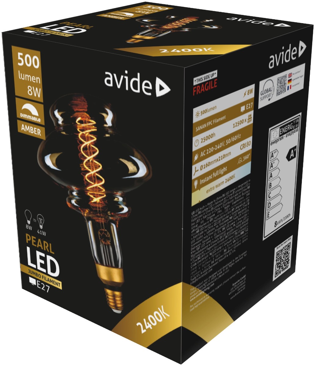 abljfa-8w-pea_avide-led-jumbo-filament-pearl-160x210mm-amber-8w-e27-2400k-dimmable Avide LED Jumbo Pearl 8W E27 2400K Ντιμαριζόμενο 160x210mm - Image 1
