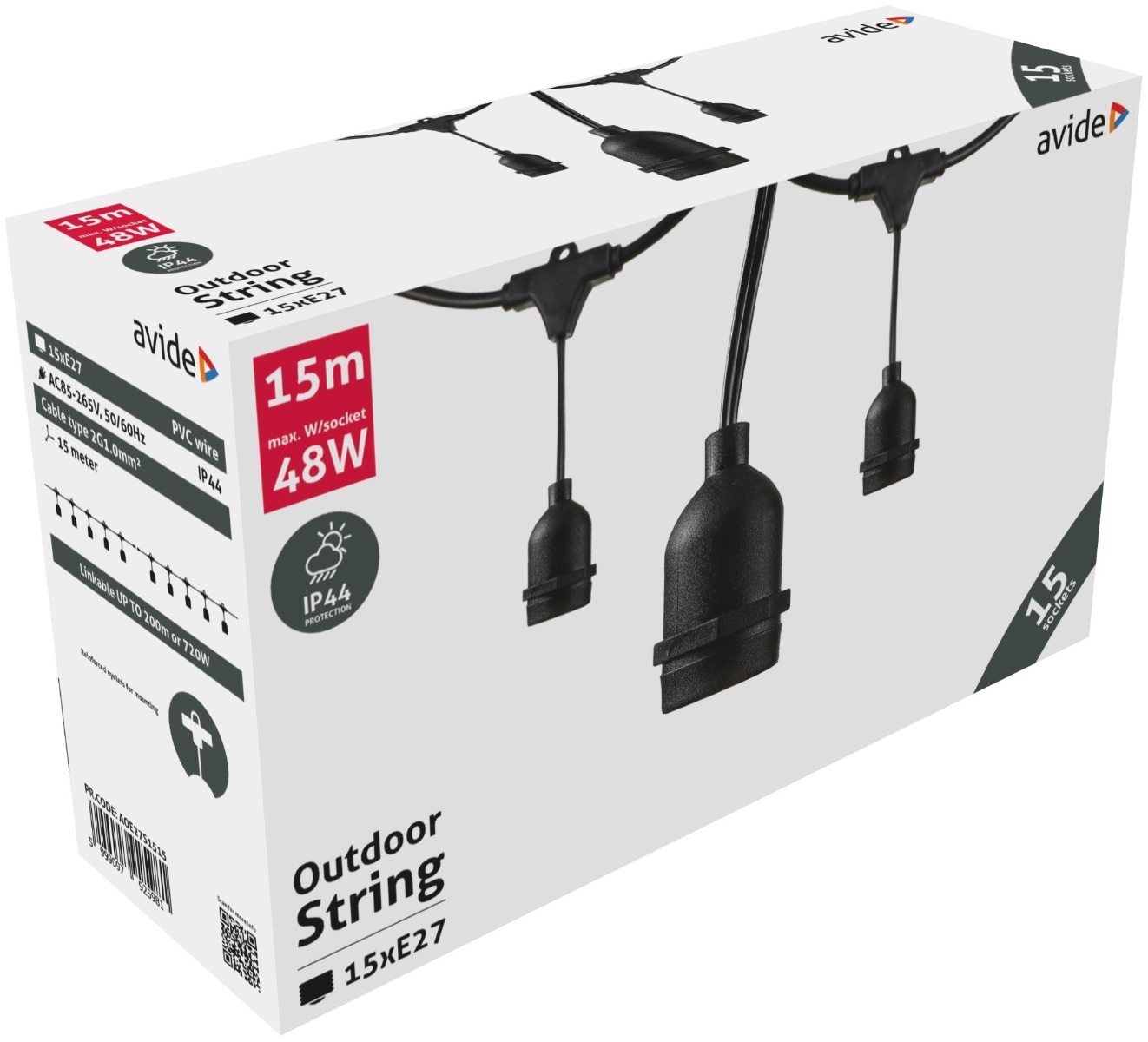 aoe27s1515_avide-kulteri-e27-fuzer-15m-15-foglalat Avide Εξωτερική Γιρλάντα E27 15m 15 Θέσεων - Image 1