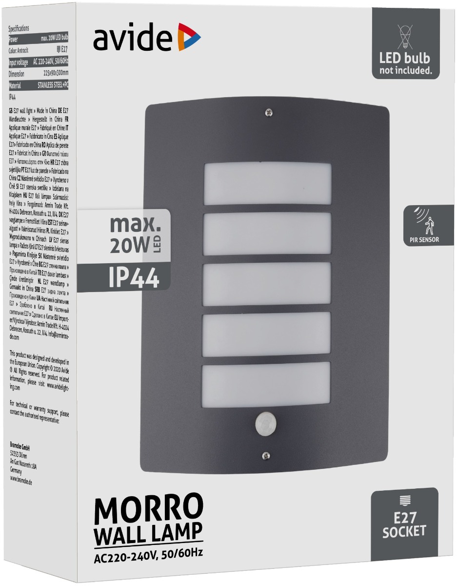 aolwe27-mor-s-an_avide-kulteri-fali-lampa-morro-1xe27-pir-ip44-antracit Avide Εξωτερικό Φωτιστικό Τοίχου Morro 1xE27 IP44 Ανθρακί με Φωτοκύτταρο - Image 1