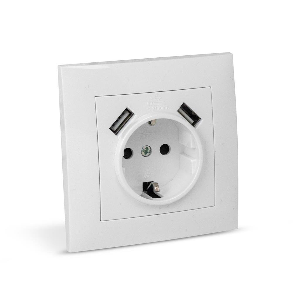 erws1e2u-arn-w_3_ Entac Arnold Recessed wall socket earthed + 2 USB 2.1A (total) White - Image 1