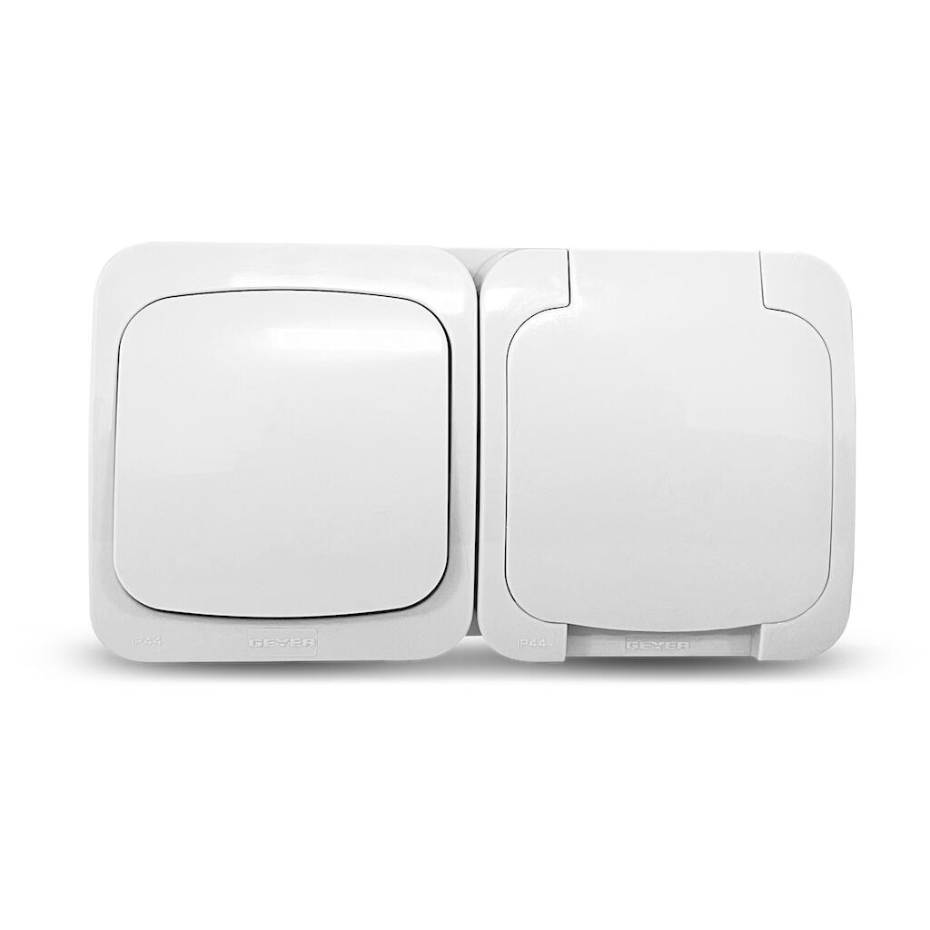 3621CH_4 Geyer Επίτοιχος διακόπτης απλός + πρίζα σούκο IP44 λευκό - Image 1