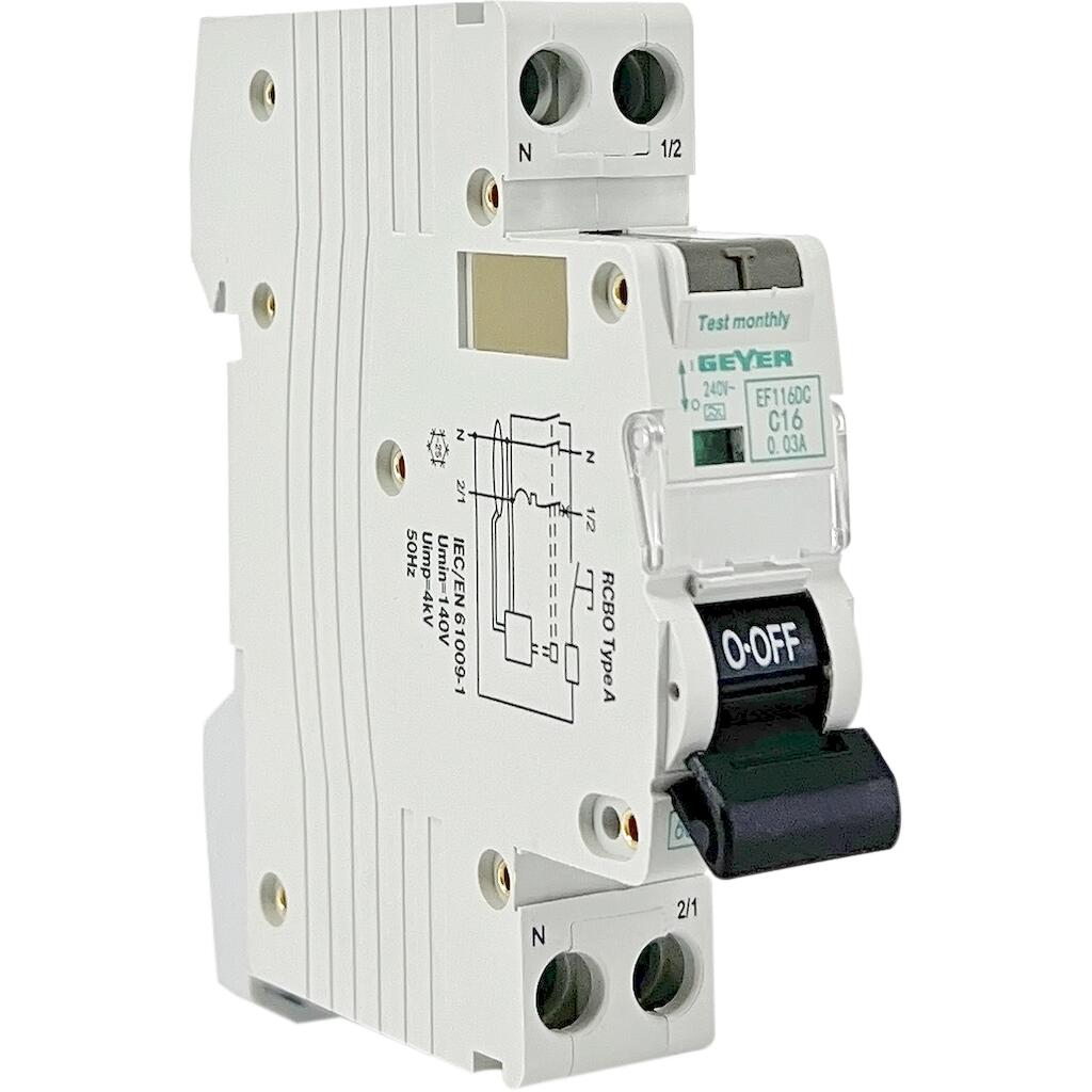 EF116DC_4 Geyer Ρελέ διαρροής 1P 30mA Τύπος A με αυτόματη ασφάλεια C 16A 6kA - Image 1