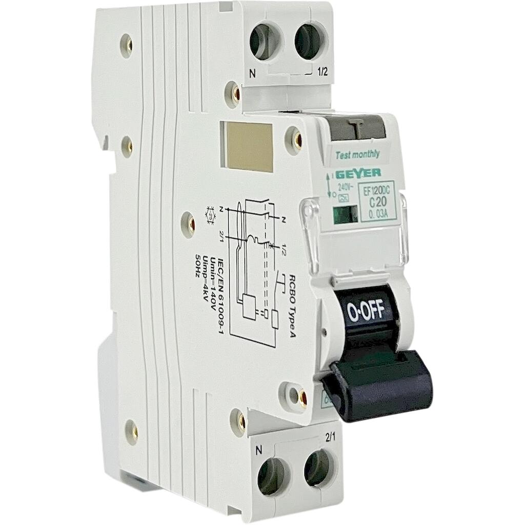 EF120DC_4 Geyer Ρελέ διαρροής 1P 30mA Τύπος A με αυτόματη ασφάλεια C 20A 6kA - Image 1
