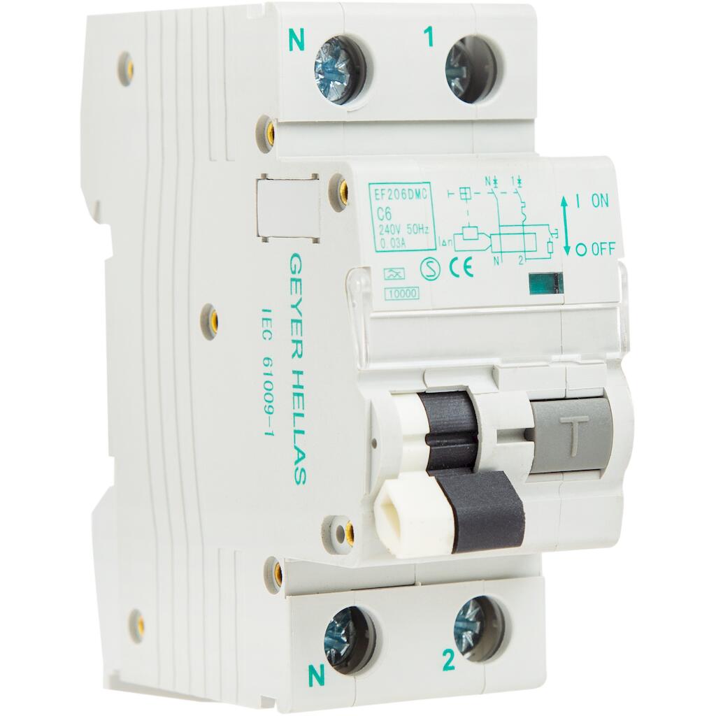 EF206DMC_4 Geyer Ρελέ διαρροής 2P 30mA Τύπος A με αυτόματη ασφάλεια C 6A 10kA - Image 1