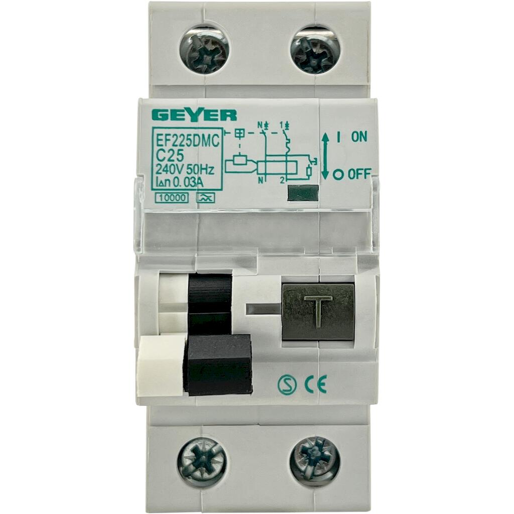 EF225DMC_3 Geyer Ρελέ διαρροής 2P 30mA Τύπος A με αυτόματη ασφάλεια C 25A 10kA - Image 1