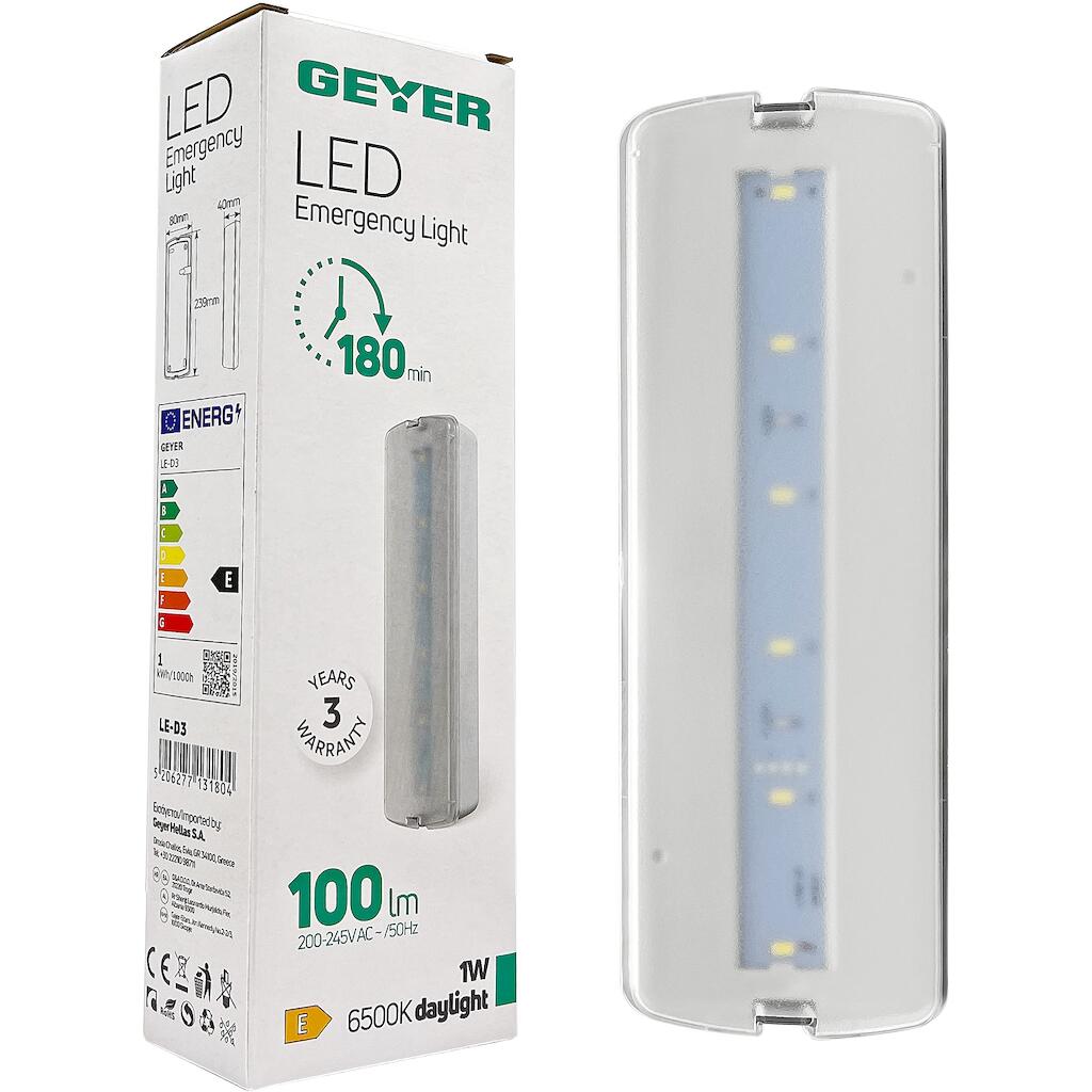 LE-D3_2 Geyer LED Φωτιστικό ασφαλείας 1W 6500K 100lm 239x80mm - Image 1