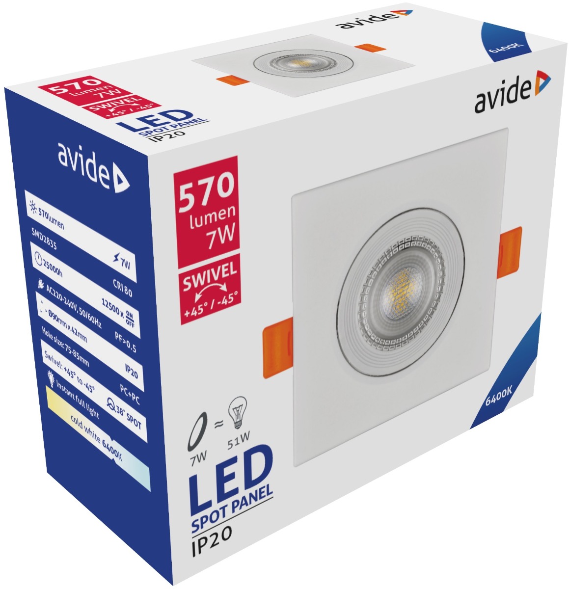 387 Avide LED Χωνευτό Σπότ 38° Τετράγωνο 7W Ψυχρό 6400K - Image 1