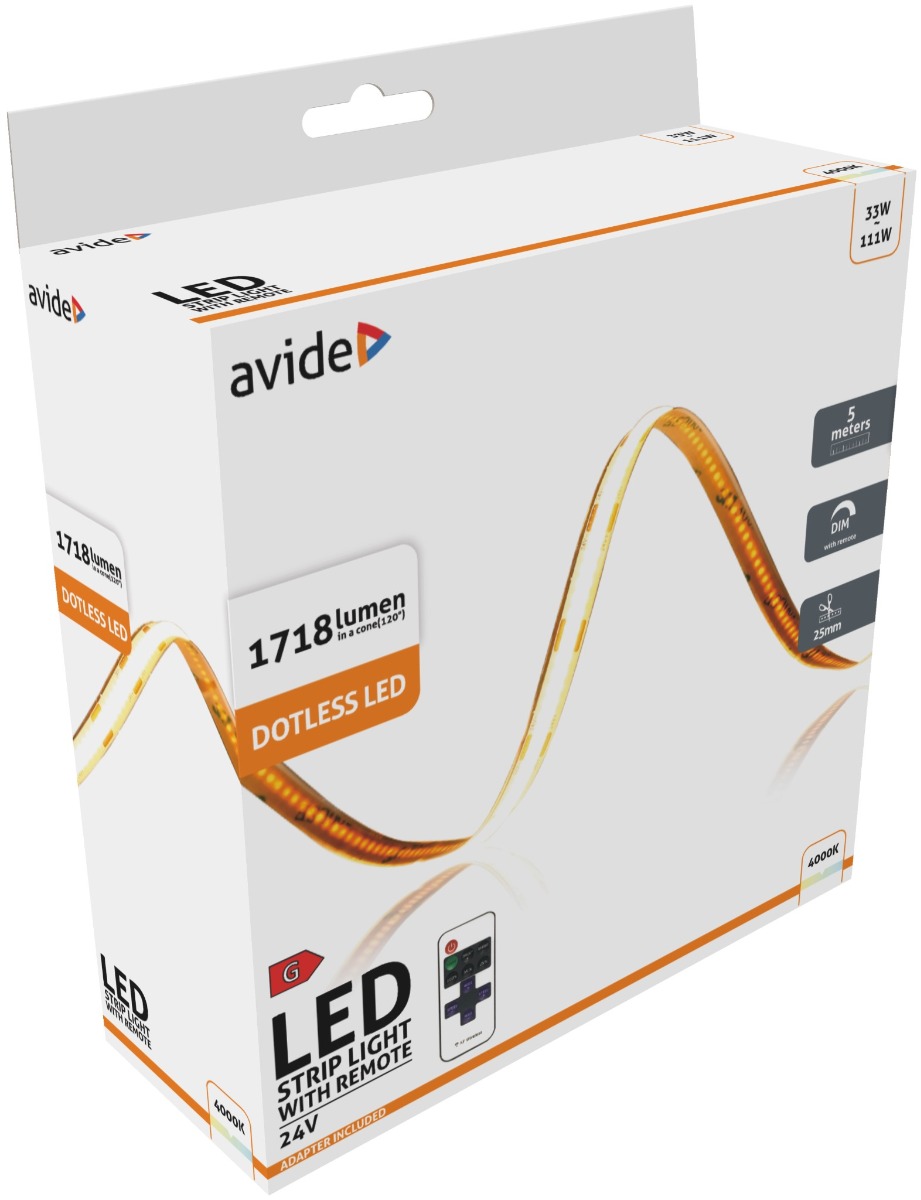 abcls24v-320nw20-5m_avide-led-szalag-bliszter-rf-24v-cob-nw-ip20-5m Avide LED Ταινία Blister RF 24V COB Λευκό IP20 5m - Image 1