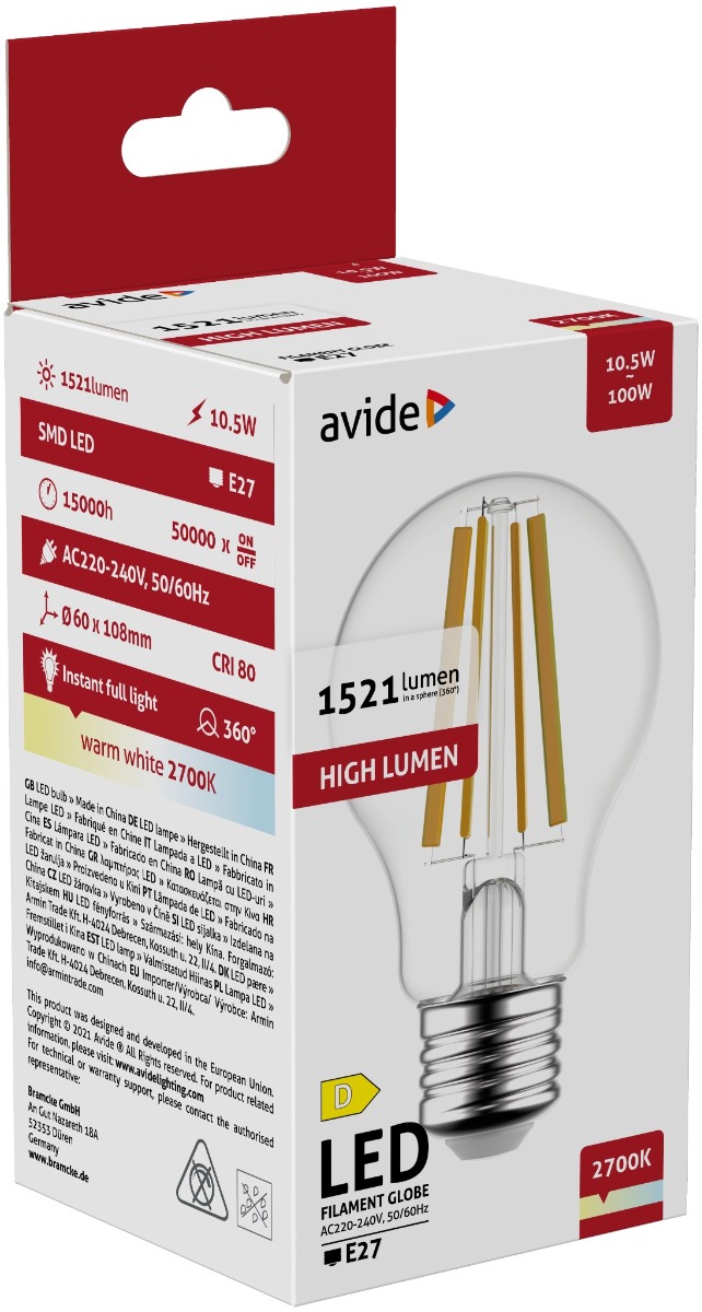 ablfg27ww-hl-105w_avide-led-filament-globe-105w-e27-a65-360_-ww-2700k-high-lumen Avide LED Filament Κοινή 10.5W E27 A65 360° Θερμό 2700K Υψηλής Φωτεινότητας - Image 1