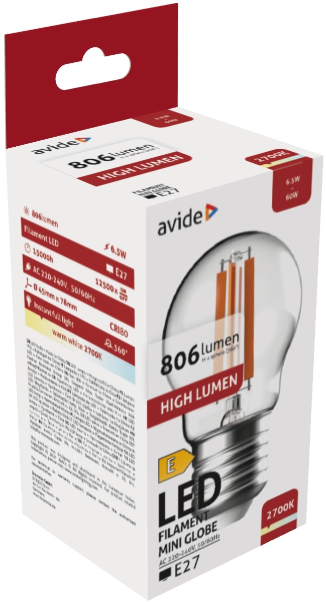 ablfmg27ww-hl-65w_avide-led-filament-mini-globe-65w-e27-ww-2700k-high-lumen Avide LED Filament Σφαιρική 6.5W E27 Θερμό 2700K Υψηλής Φωτεινότητας - Image 1