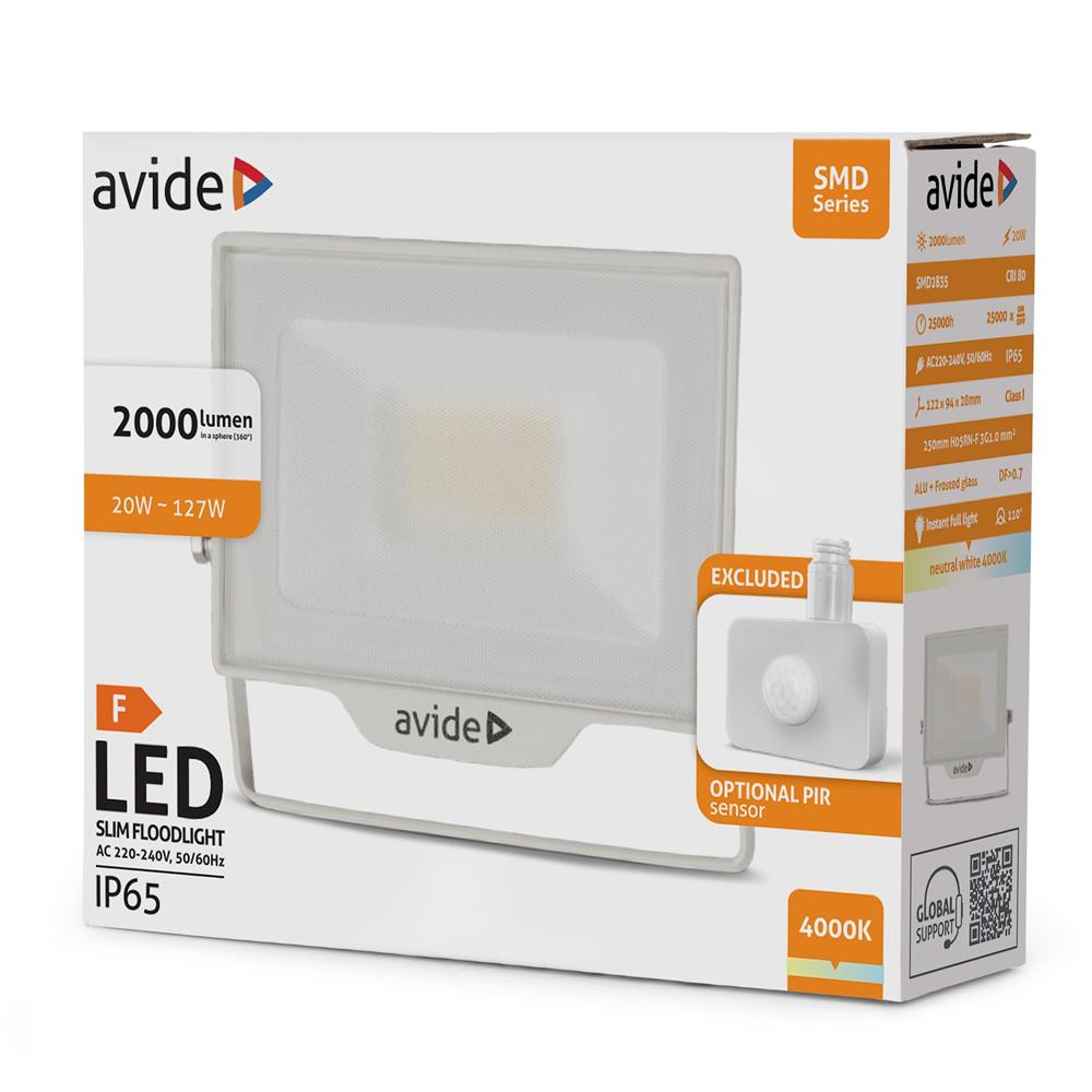 ablrflnw-20w-opir-w_b Avide Προβολέας LED SMD 20W NW 4000K με Δυνατότητα Προσθήκης Αισθητήρα PIR Λευκό - Image 1