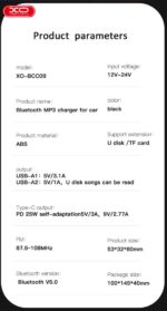 XO BCC09 Φορτιστής Αυτοκινήτου Bluetooth MP3 με TF card slot + PD 25W - Image 8