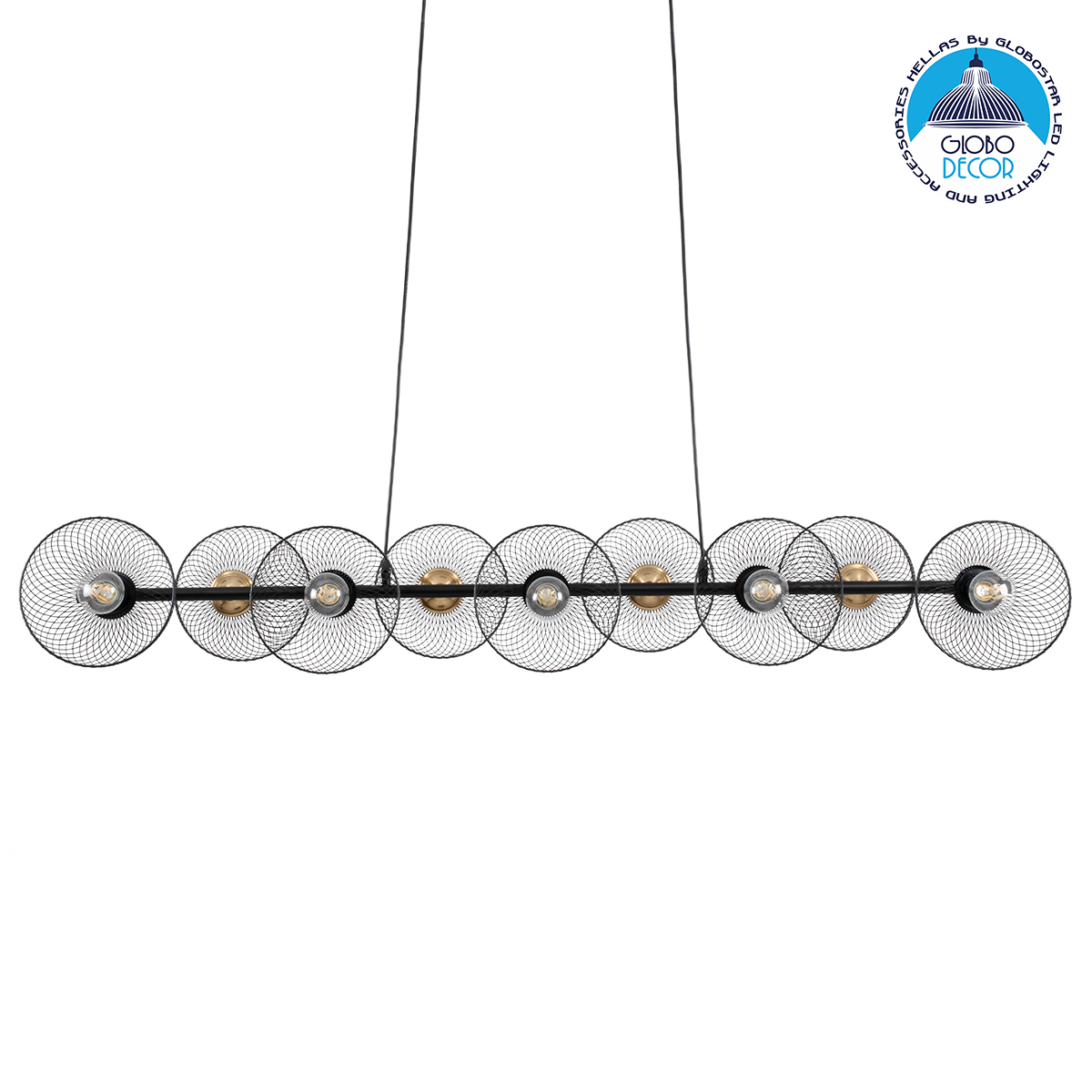 00588_1 GLOBOSTAR® VERONA 00588 Μοντέρνο Κρεμαστό Φωτιστικό Οροφής με Ντουί 9 x E27 AC 220-240V IP20 - Μαύρο & Χρυσό - Μ140 x Π28 x Υ20cm - Image 1