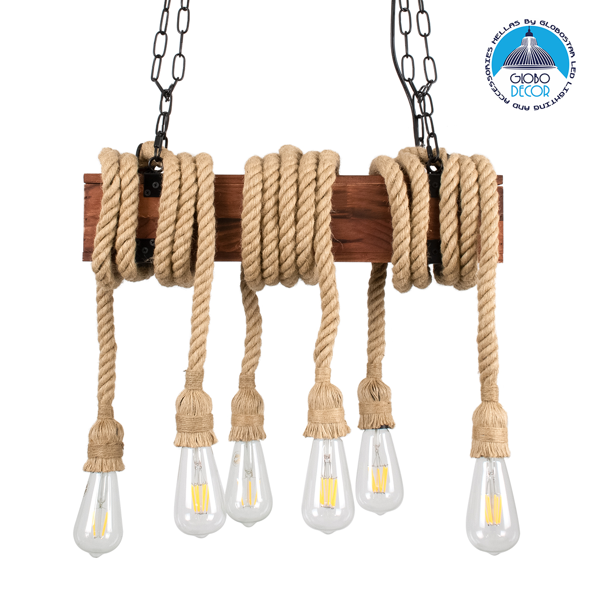 00606_1 GLOBOSTAR® VIKING 00606 Vintage Κρεμαστό Φωτιστικό Οροφής με Ντουί 6 x E27 AC 220-240V IP20 - Καφέ & Μπεζ - Μ53 x Π11 x Υ220cm - Image 1