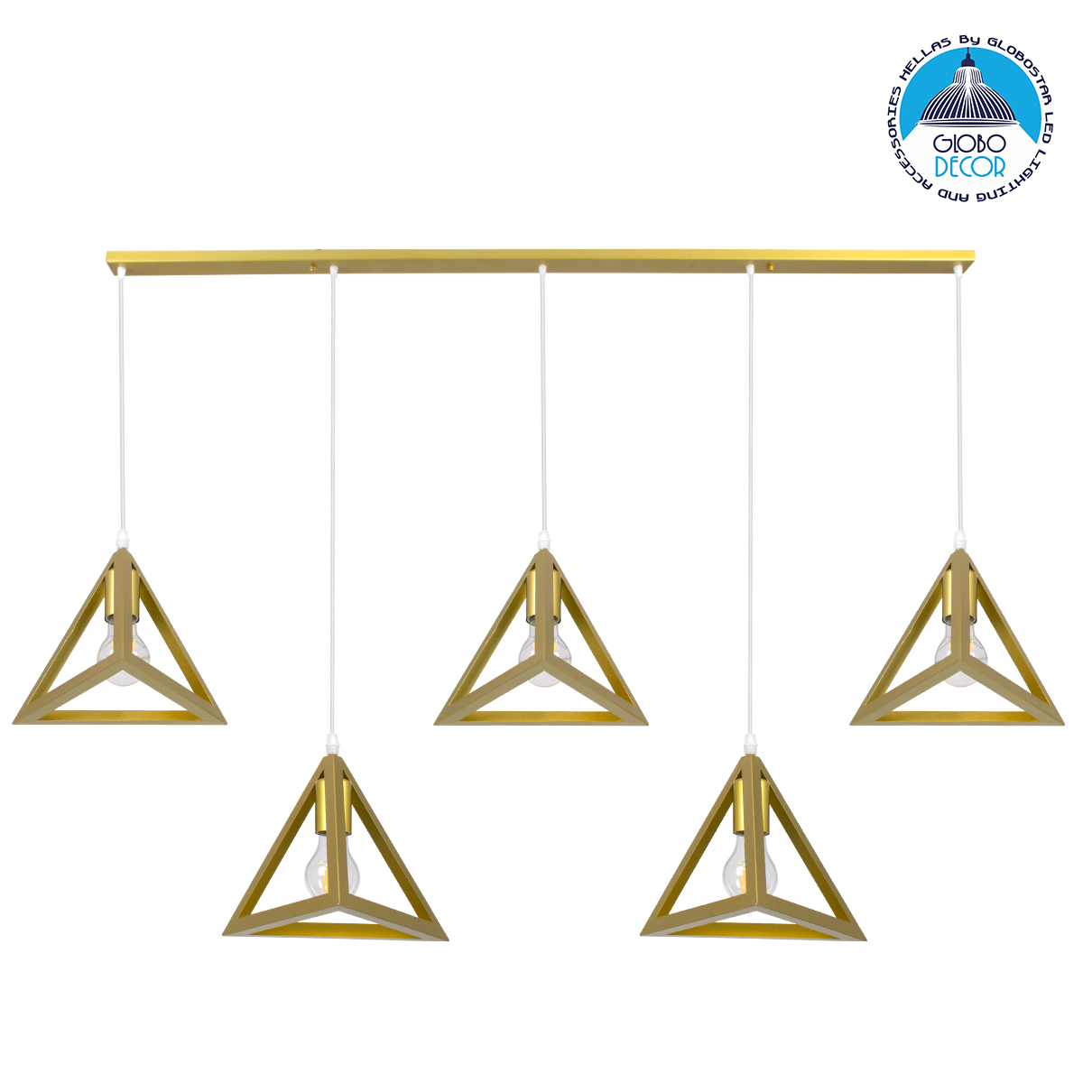 00610_1 GLOBOSTAR® TRIANGLE 00610 Μοντέρνο Κρεμαστό Φωτιστικό Οροφής με Ντουί 5 x E27 AC 220-240V IP20 - Χρυσό - Μ170 x Π22 x Y130cm - Image 1