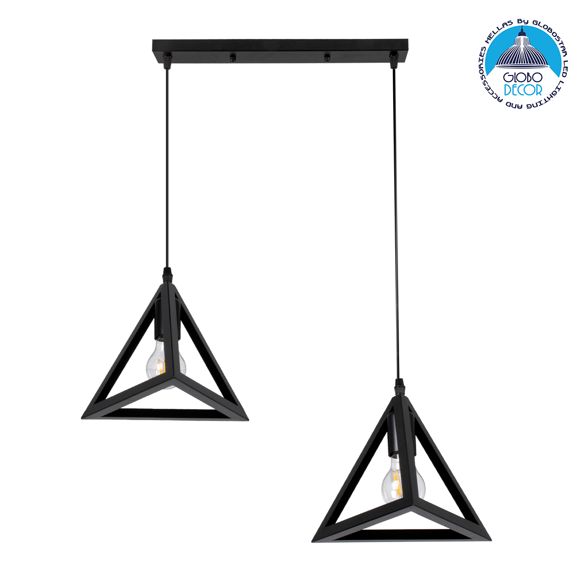 00611_1 GLOBOSTAR® TRIANGLE 00611 Μοντέρνο Κρεμαστό Φωτιστικό Οροφής με Ντουί 2 x E27 AC 220-240V IP20 - Μαύρο - Μ60 x Π22 x Y130cm - Image 1