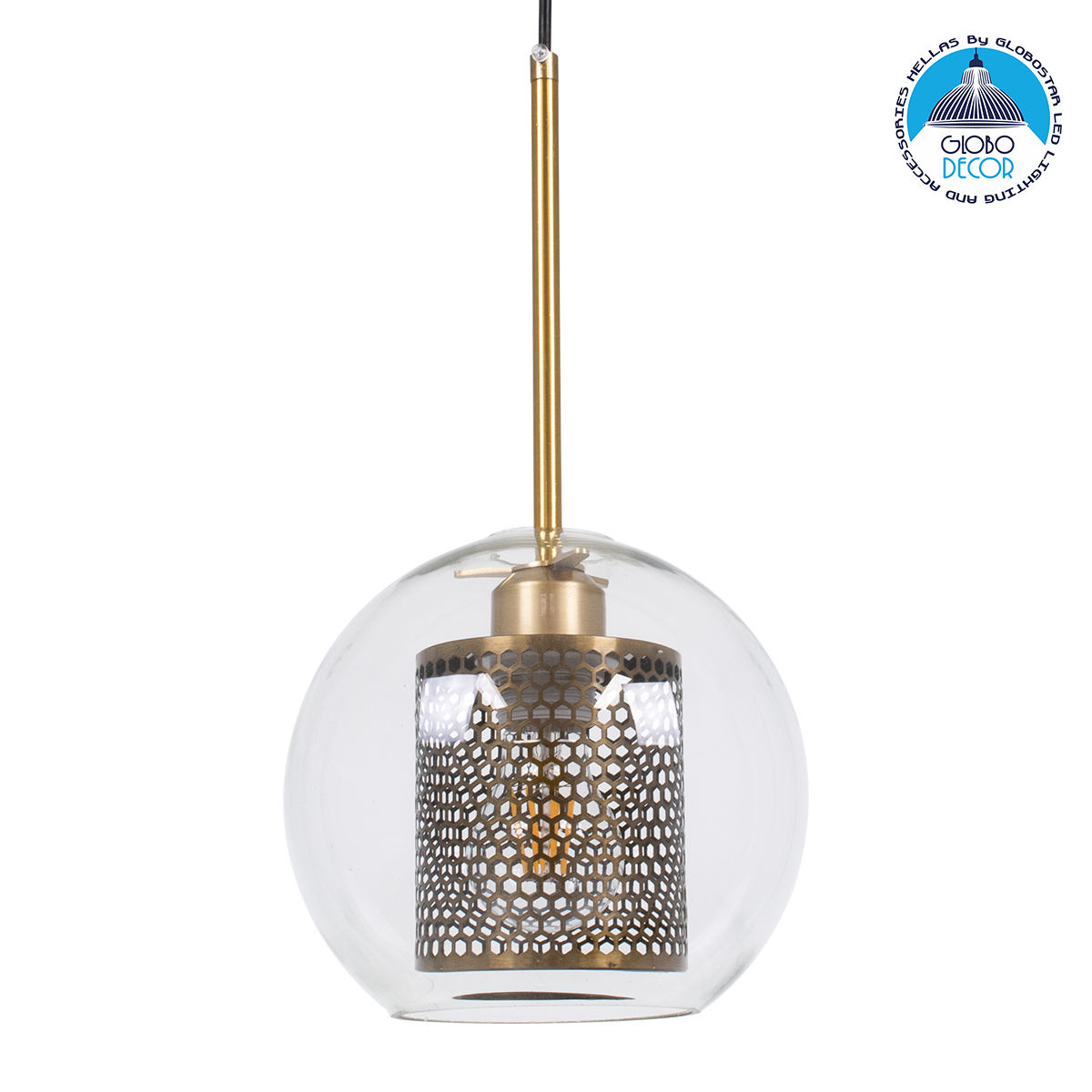 00739_1 GLOBOSTAR® AVERY 00739 Μοντέρνο Κρεμαστό Φωτιστικό Οροφής με Ντουί 1 x E27 AC 220-240V IP20 - Διάφανο & Χρυσό - Μ18 x Π18 x Υ38cm - Image 1