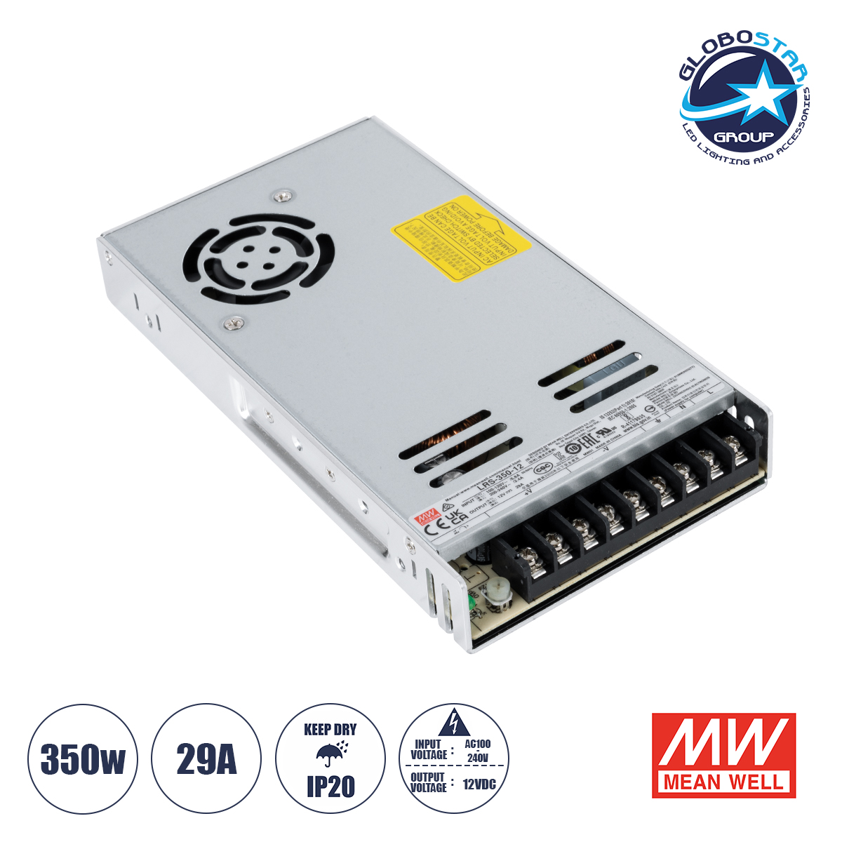 00d3ca_90784_1 GLOBOSTAR® MEANWELL-LRS350-12 90784 Τροφοδοτικό/Μετασχηματιστής PELV 350W 29A DC 12V IP20 - AC 220-240V σε DC 12V / Ρυθμιζόμενo από DC 10.2V έως DC 13.8V - Μ21.5 x Π11.5 x Υ3cm - 3 Χρόνια Εγγύηση - Image 1