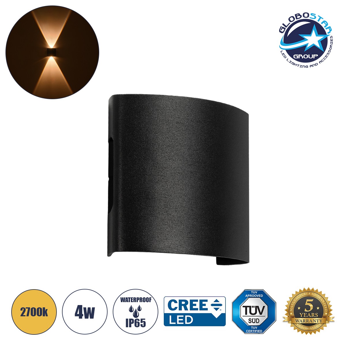 0102c6_60676_1 GLOBOSTAR® SIXOAD 60676 Μοντέρνο Φωτιστικό Τοίχου - Απλίκα LED 4W 500lm 30° AC 220-240V Αδιάβροχο IP65 Θερμό Λευκό 2700K - CREE XPE Chip & TÜV SÜD Driver - Μαύρο Ματ - Μ8.5 x Π3.5 x Υ8cm - 5 Χρόνια Εγγύηση - Image 1