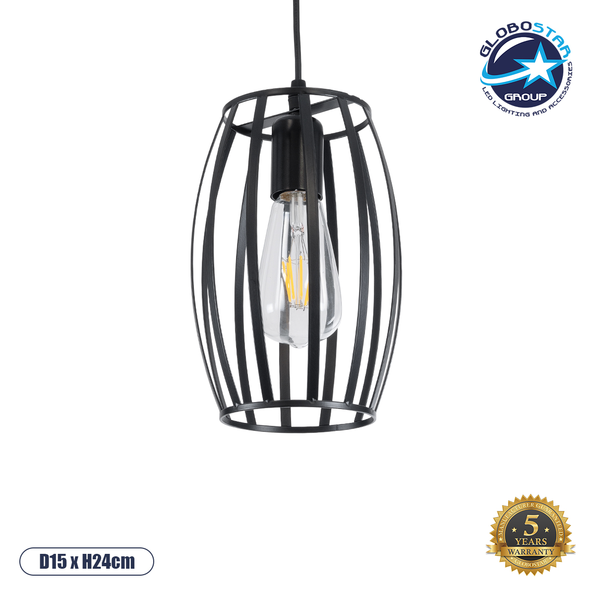 01062_1 GLOBOSTAR® ZEBRA 01062 Μοντέρνο Κρεμαστό Φωτιστικό Οροφής με Ντουί 1 x E27 AC 220-240V IP20 - Μαύρο - Μ15 x Π15 x Υ24cm - Image 1