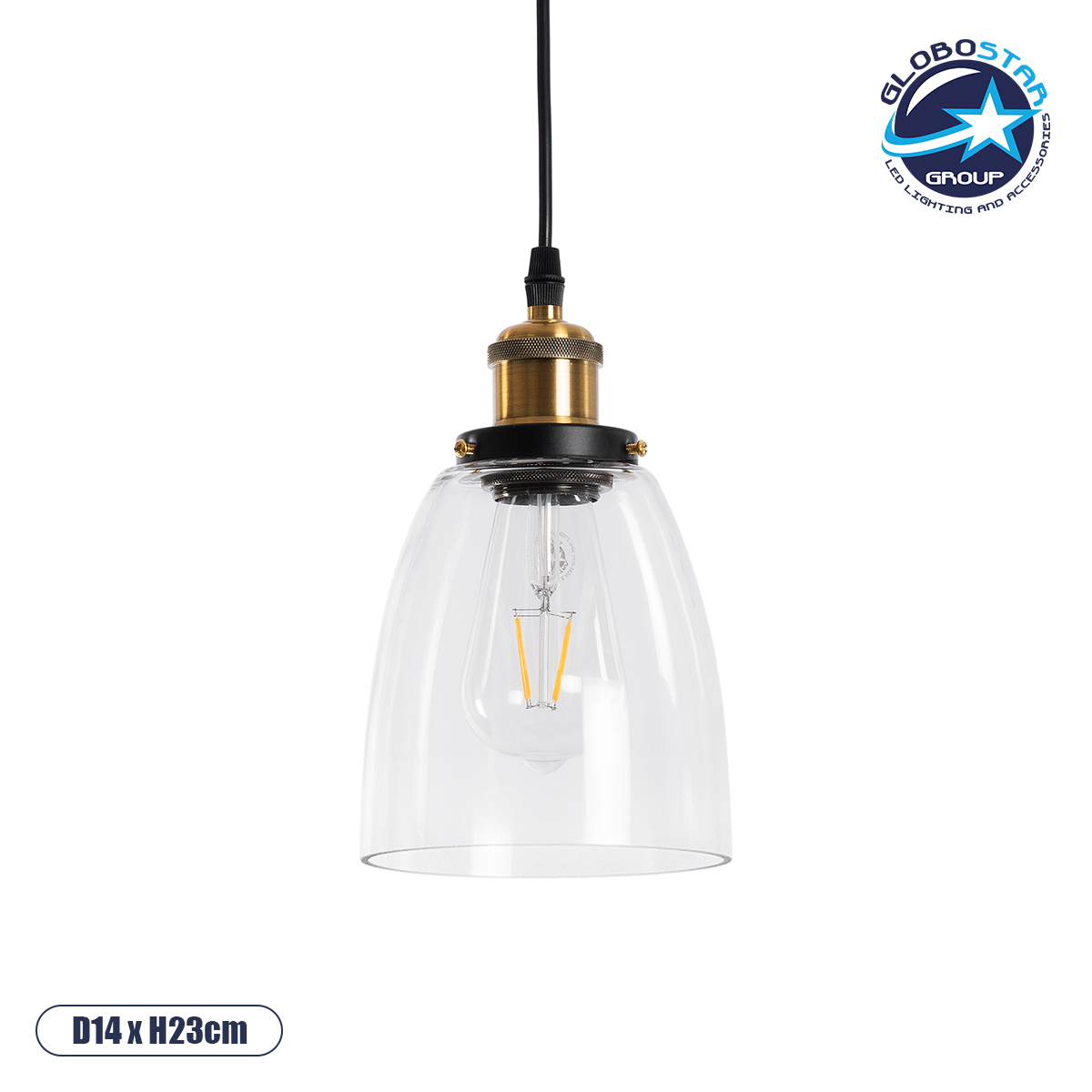 01168_1 GLOBOSTAR® WICKHAM 01168 Vintage Κρεμαστό Φωτιστικό Οροφής με Ντουί 1 x E27 AC 220-240V IP20 - Χρυσό & Διάφανο - Μ14 x Π14 x Y23cm - Image 1