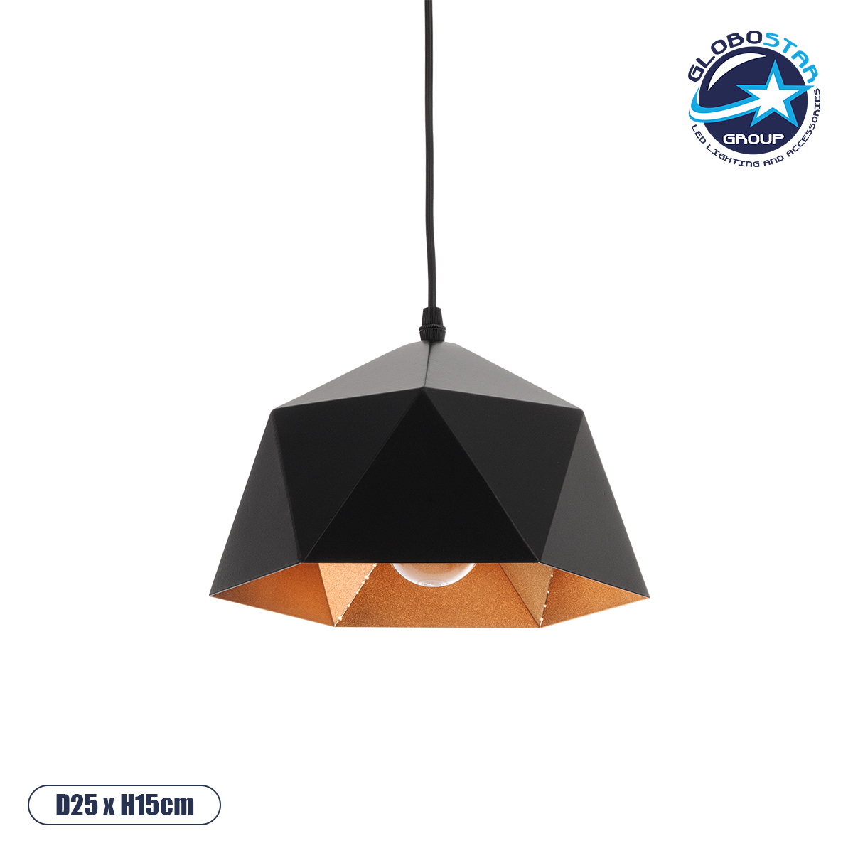 01194_1 GLOBOSTAR® HEXAGON 01194 Μοντέρνο Κρεμαστό Φωτιστικό Οροφής με Ντουί 1 x E27 AC 220-240V IP20 - Μαύρο & Χρυσό - Μ25 x Π25 x Υ15cm - Image 1
