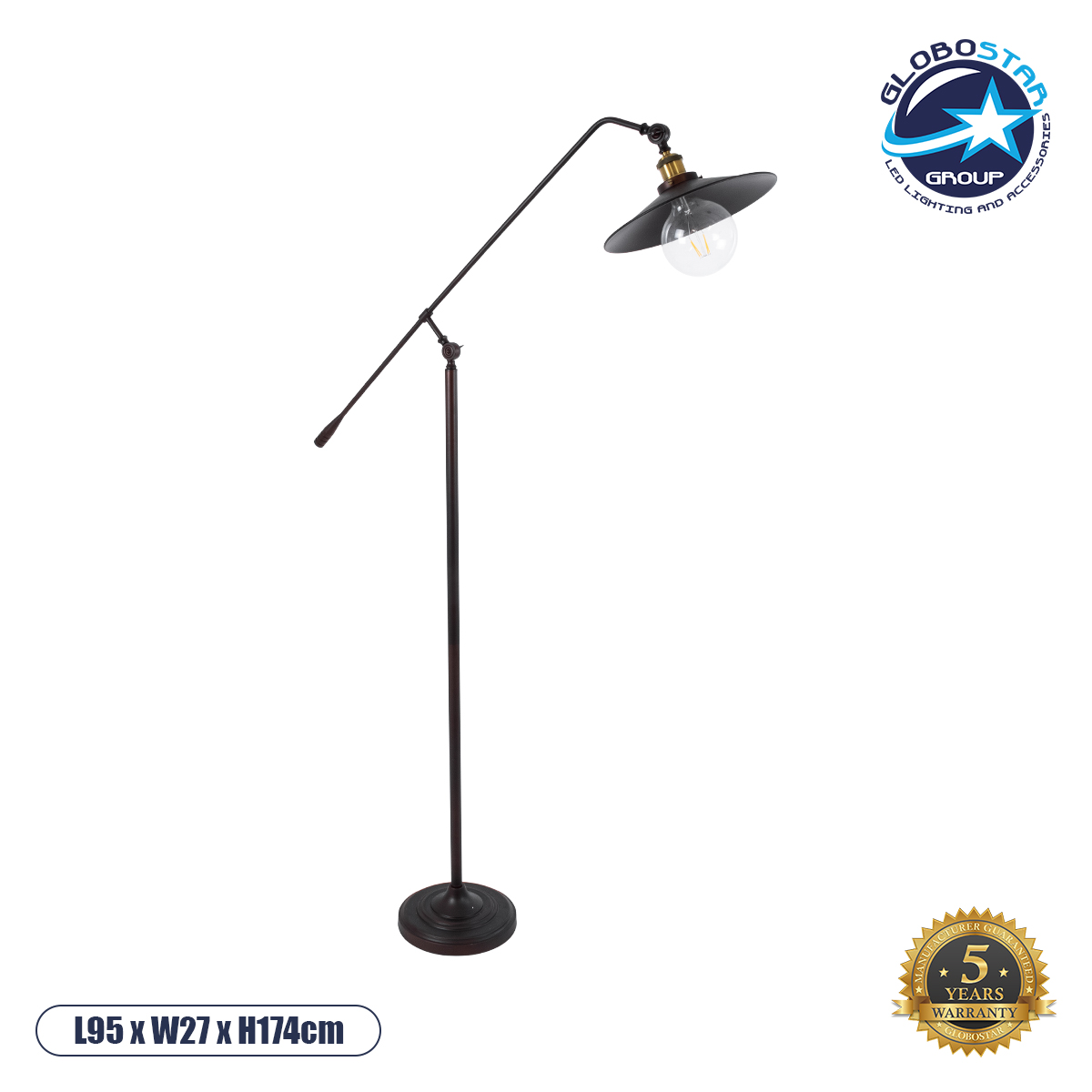 01243_1_ GLOBOSTAR® SILENE 01243 Vintage Επιδαπέδιο Φωτιστικό με Ντουί 1 x E27 AC 220-240V IP20 - Μαύρο & Χρυσό - Μ30 x Π30 x Υ194cm - Image 1