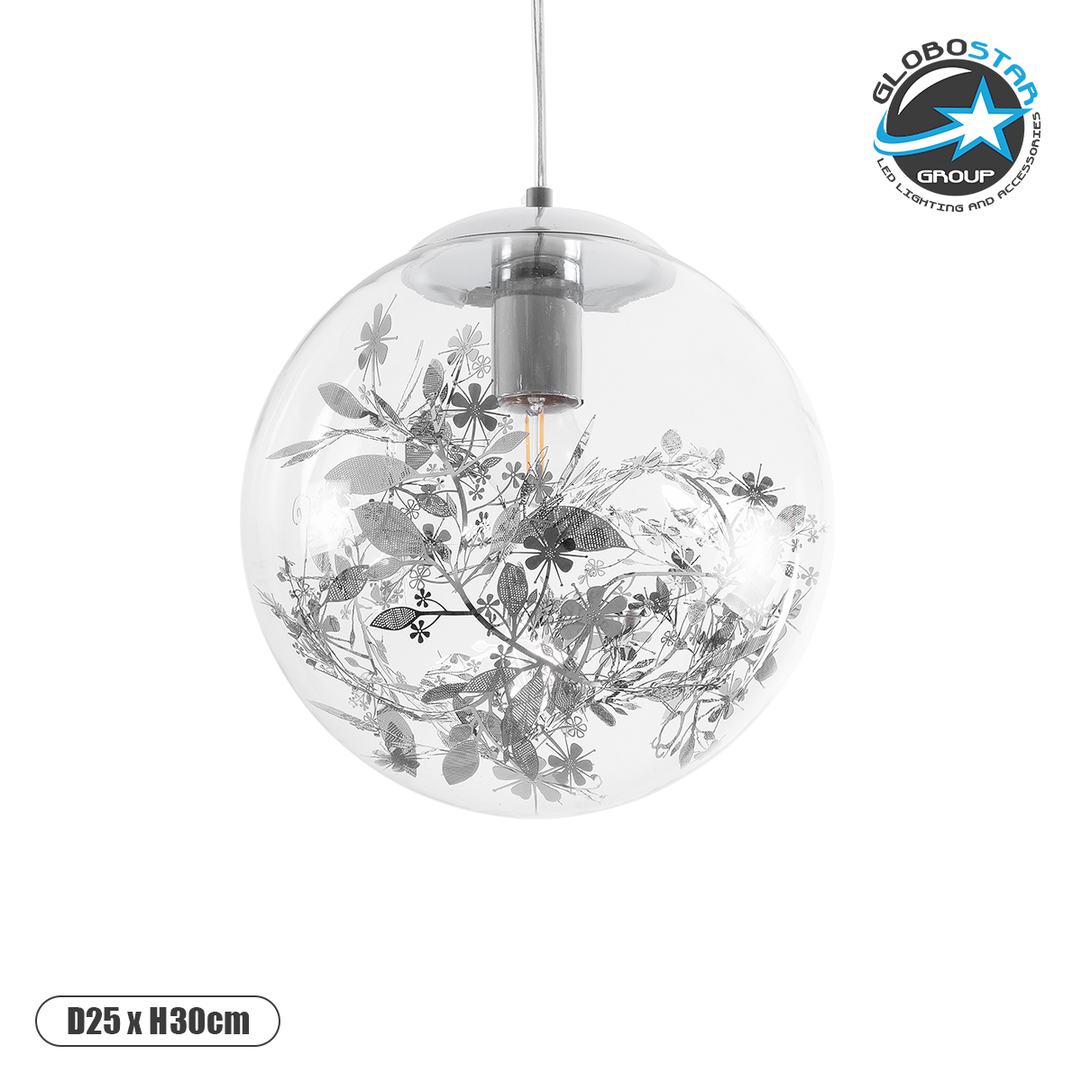 01510_1 GLOBOSTAR® HARPER 01510 Μοντέρνο Κρεμαστό Φωτιστικό Οροφής με Ντουί 1 x E27 AC 220-240V IP20 - Διάφανο & Ασημί - Μ25 x Π25 x Υ30cm - Image 1