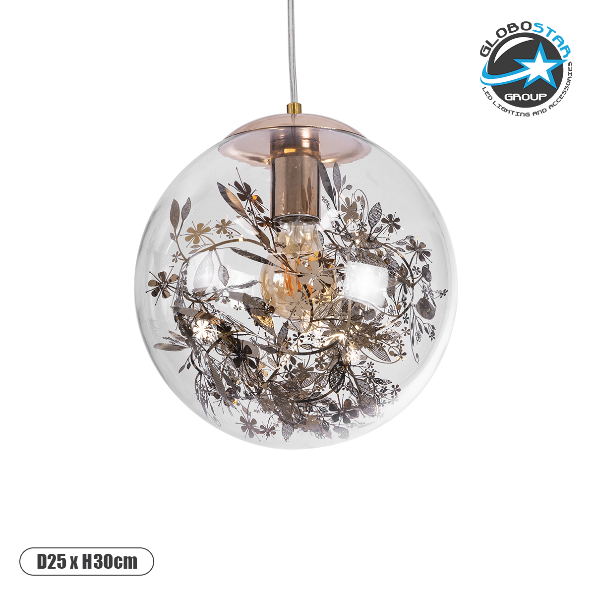 01511_1 GLOBOSTAR® HARPER 01511 Μοντέρνο Κρεμαστό Φωτιστικό Οροφής με Ντουί 1 x E27 AC 220-240V IP20 - Διάφανο & Χάλκινο - Μ25 x Π25 x Υ30cm - Image 1