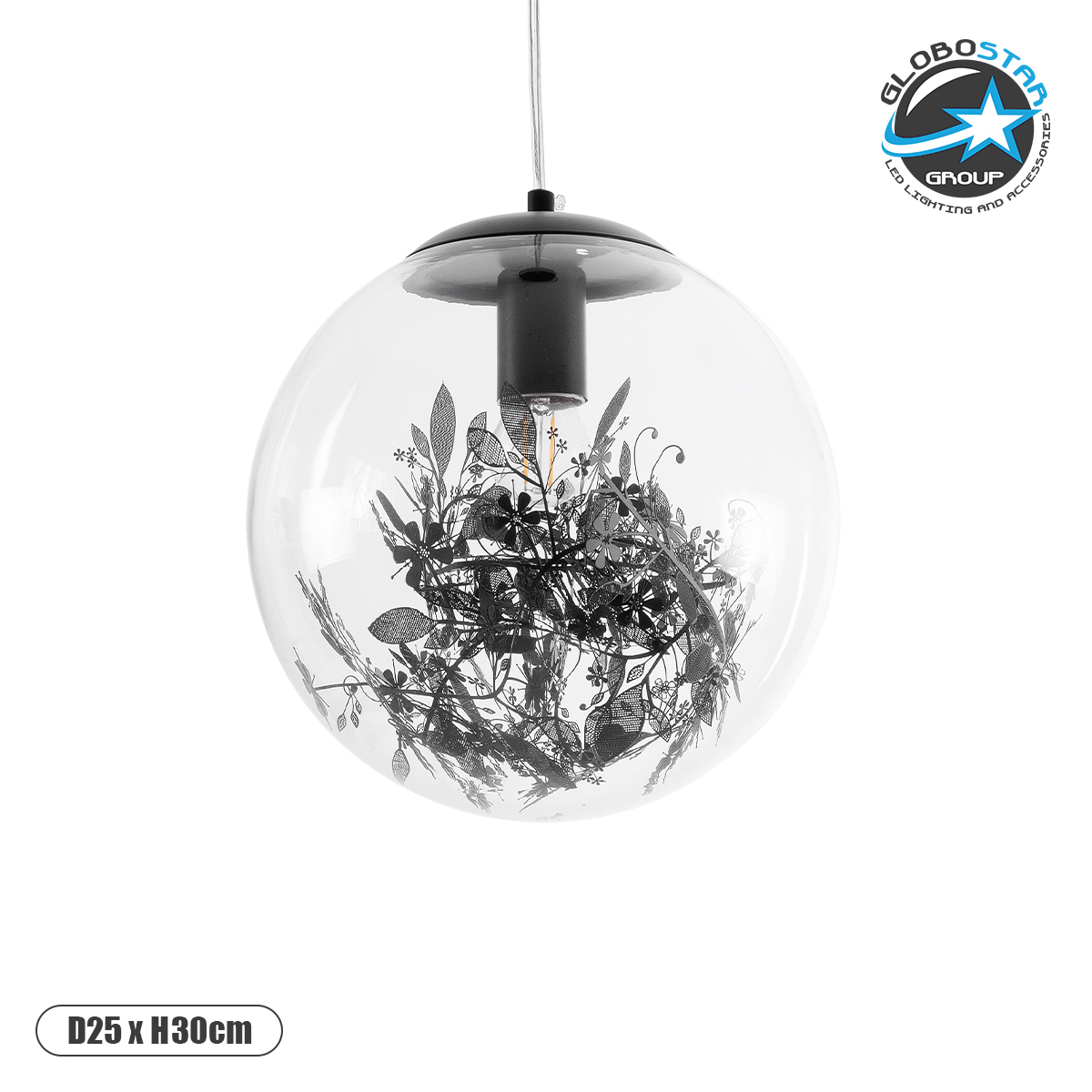 01512_1 GLOBOSTAR® HARPER 01512 Μοντέρνο Κρεμαστό Φωτιστικό Οροφής με Ντουί 1 x E27 AC 220-240V IP20 - Διάφανο & Μαύρο - Μ25 x Π25 x Υ30cm - Image 1