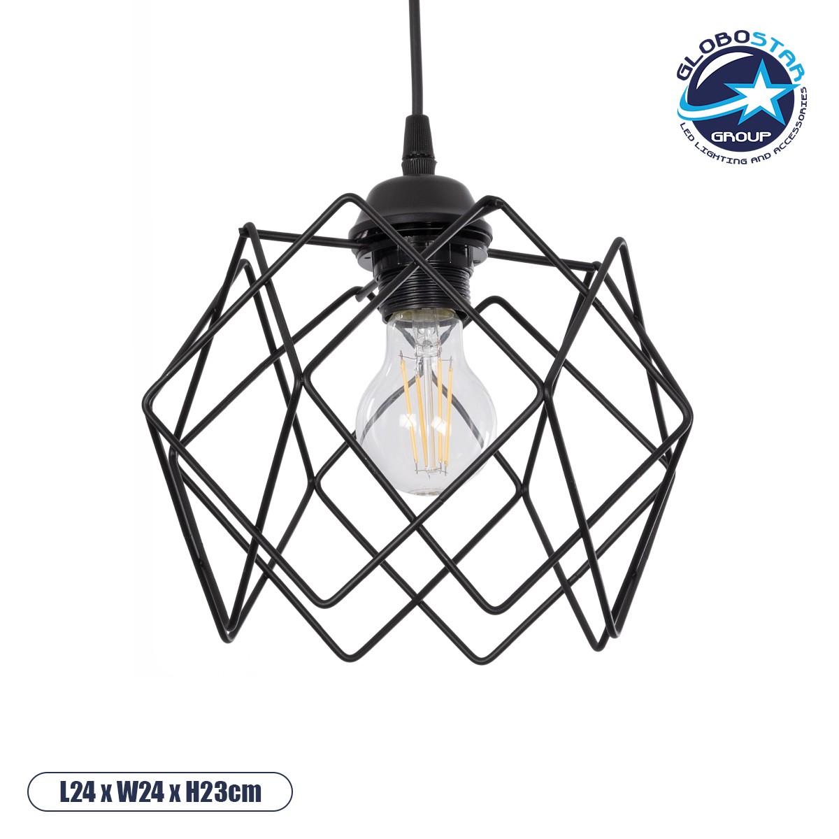 04edcf_201_0059_1 GLOBOSTAR® SOLON 201-0059 Μοντέρνο Κρεμαστό Φωτιστικό Οροφής με Ντουί 1 x E27 AC 220-240V IP20 - Μαύρο - Μ24 x Π24 x Υ23cm - Image 1