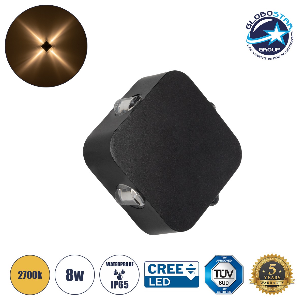 088c32_60688_1 GLOBOSTAR® LUZ 60688 Μοντέρνο Φωτιστικό Τοίχου - Απλίκα LED 8W 1000lm 10° AC 220-240V Αδιάβροχο IP65 Θερμό Λευκό 2700K - CREE XPE Chip & TÜV SÜD Driver - Μαύρο Ματ - Μ13.5 x Π4.5 x Υ13.5cm - 5 Χρόνια Εγγύηση - Image 1