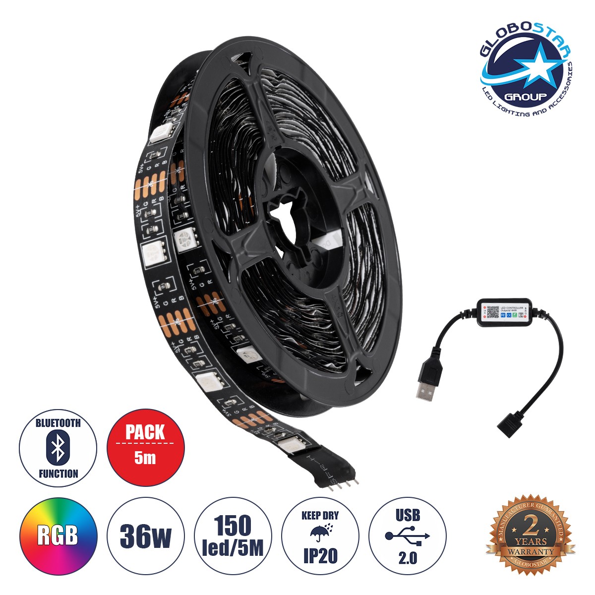 0ec998_90759_1 GLOBOSTAR® CHROMAWAVE 90759 Σετ Ταινίας με Λειτουργία μέσω Bluetooth & WiFi APP LED 36W 2160lm 120° DC 5V με USB 2.0 IP20 150 x SMD5050 Chip Πολύχρωμο RGB Dimmable - Sanan SMD Chip - Μ500 x Π1 x Υ0.2cm - Ρολό 5 Μέτρων - 2 Χρόνια Εγγύηση - Image 1