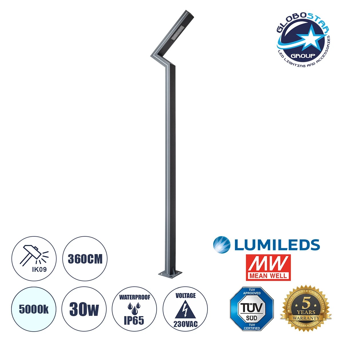 12113_01 GLOBOSTAR® ZAPOPAN 90838 Φωτιστικό Urban Πλατείας/Πάρκου LED 30W 4080lm 120° AC 220-240V Αδιάβροχο IP65 Φυσικό Λευκό 5000K - Lumileds SMD Chip & Mean Well TÜV Driver - Γκρι Ανθρακί Ματ - Μ75 x Π14 x Υ360cm - 5 Χρόνια Εγγύηση - Image 1